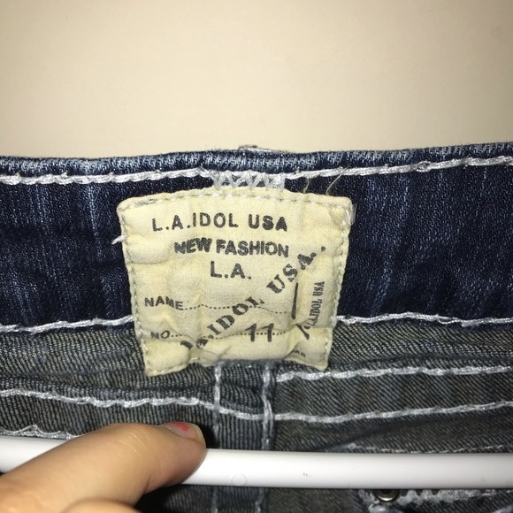 VINTAGE LA IDOL LOW RISE WHITE CONTRAST STITCH DENIM JEANS EMBELLISH RHINESTONE - Picture 5 of 6